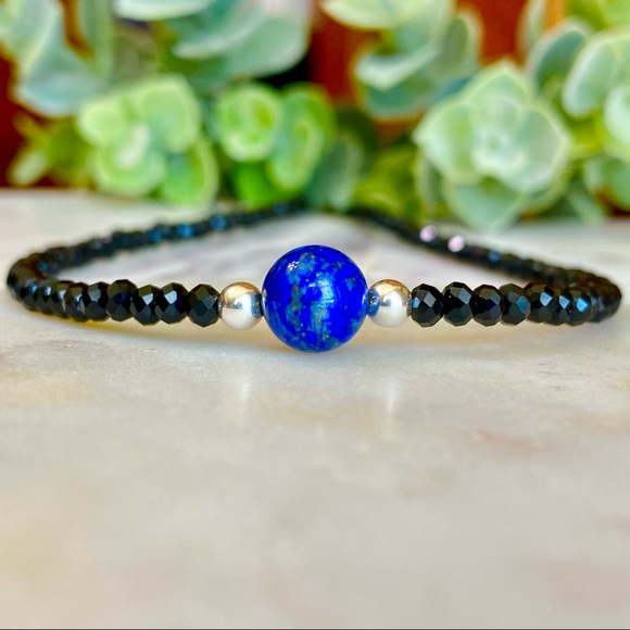 Mens Lapis Lazuli & Black Spinel Beaded Beaded Necklace in sterling Silver